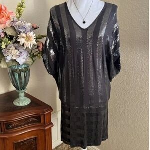 La Cite  Vintage Sequin V-Neck Cocktail Mini Dress Black Medium